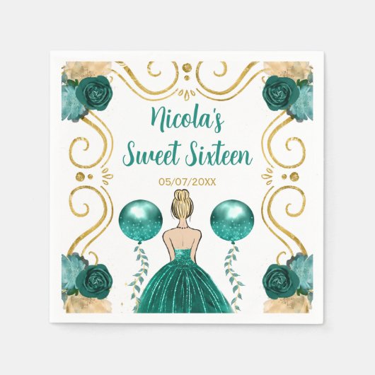 Serviette En Papier Sweet sixteen Blonde Princesse en Turquoise (Devant)