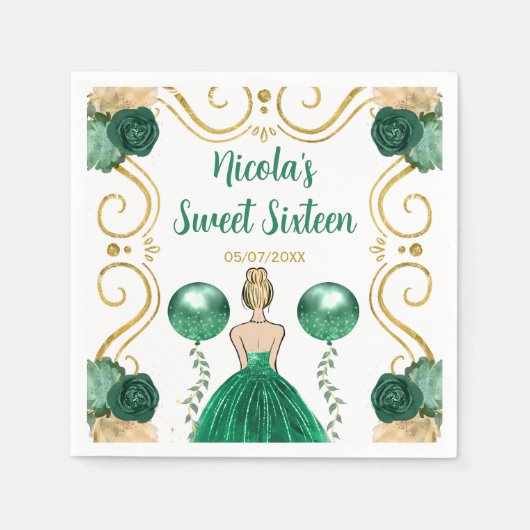 Serviette En Papier Sweet sixteen Blonde Princesse en vert (Devant)