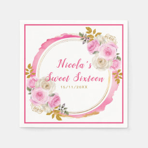 Serviette En Papier Sweet sixteen brillant rose et or Fleurs élégantes