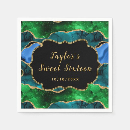 Serviette En Papier Sweet sixteen d'Agate Peacock bleu et vert (Devant)