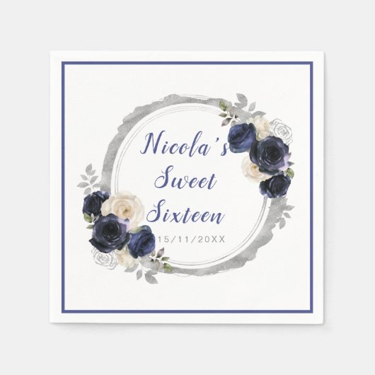 Serviette En Papier Sweet sixteen de fleurs élégantes bleu marine et a (Devant)