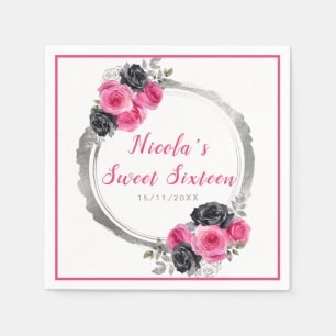 Serviette En Papier Sweet sixteen de Fleurs Élégantes Rose et Argent C