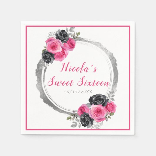 Serviette En Papier Sweet sixteen de Fleurs Élégantes Rose et Argent C (Devant)
