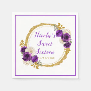 Serviette En Papier Sweet sixteen foncé violet et or élégant Fleurs
