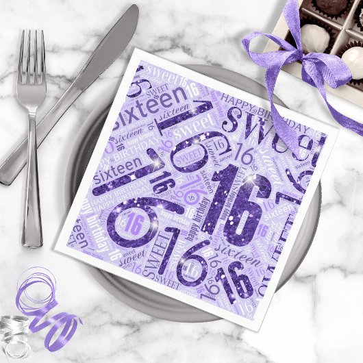 Serviette En Papier Sweet sixteen Sparkle Word Cloud Purple ID265