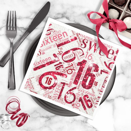 Serviette En Papier Sweet sixteen Sparkle Word Cloud Rouge ID265