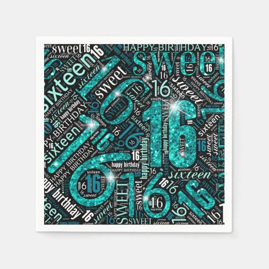 Serviette En Papier Sweet sixteen Sparkle Word Cloud Turquoise ID265 (Devant)