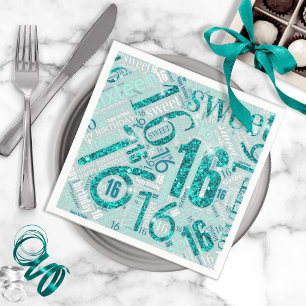 Serviette En Papier Sweet sixteen Sparkle Word Cloud Turquoise ID265