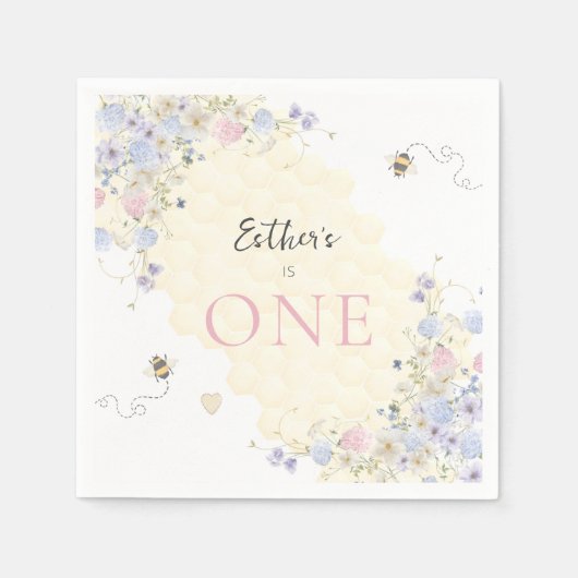Serviette En Papier Sweet To Bee One Pastel Premier Anniversaire (Devant)