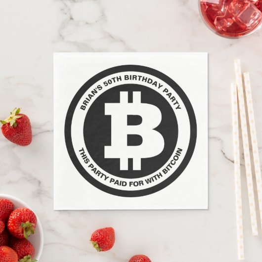 Serviette En Papier Symbole Bitcoin noir et blanc Message personnalisé (En situation)