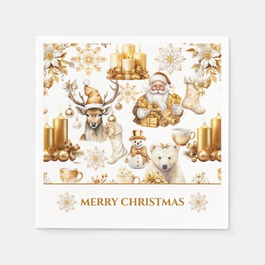 Serviette En Papier Symboles de Noël or et blanc (Devant)