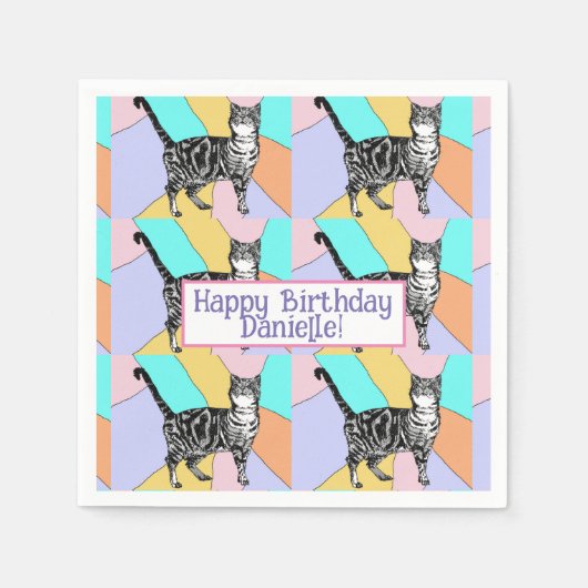 Serviette En Papier Tabby Cat Pastel Anniversaire Chats Ballotin (Devant)