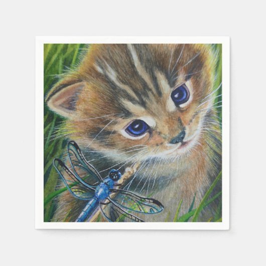 Serviette En Papier Tabby Kitten Brown & Dragonfly Watercolor Art (Devant)