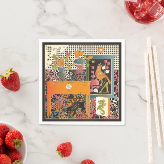 Serviette En Papier Table orange Mah Jongg (En situation)
