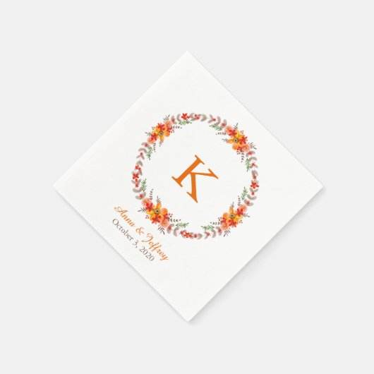 Serviette En Papier Tangerine Orange Floral Wreath Mariage (Coin)