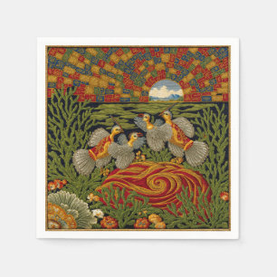 Serviette En Papier Tapisserie verte de style rétro Oiseaux exotiques