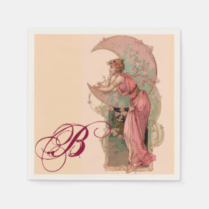 SERVIETTE EN PAPIER TAROTS/ LADY DE LA LUNE, FLEURS EN MONOGRAMME ROSE