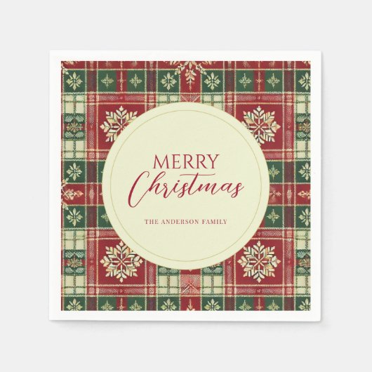 Serviette En Papier Tartan de Noël Plaid Flocon de neige rustique (Devant)