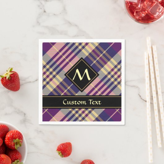 Serviette En Papier Tartan mauve, or et bleu (En situation)