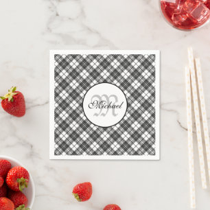 Serviette En Papier Tartan motif Noël noir blanc Monogramme