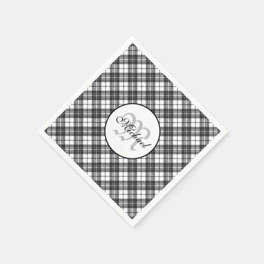Serviette En Papier Tartan motif Noël noir blanc Monogramme (Coin)