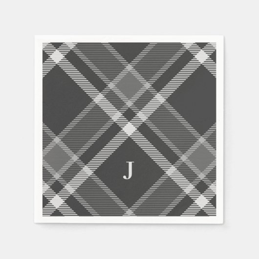 Serviette En Papier Tartan noir et gris rustique avec monogramme (Devant)