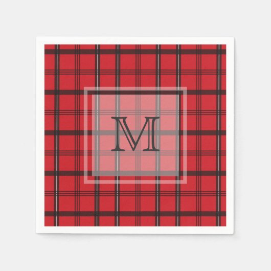 Serviette En Papier Tartan noir et rouge monogramme (Devant)