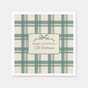 Serviette En Papier Tartan Vert Sauge Crème Noeud Papillon Noël