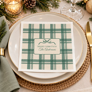Serviette En Papier Tartan Vert Sauge Crème Noeud Papillon Noël