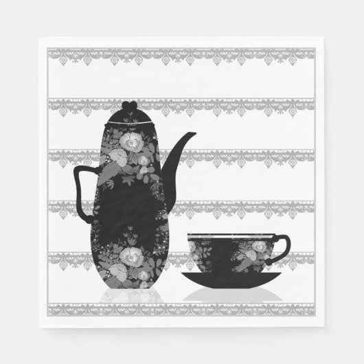 Serviette En Papier Tasse café thé noir blanc illustration rétro (Devant)