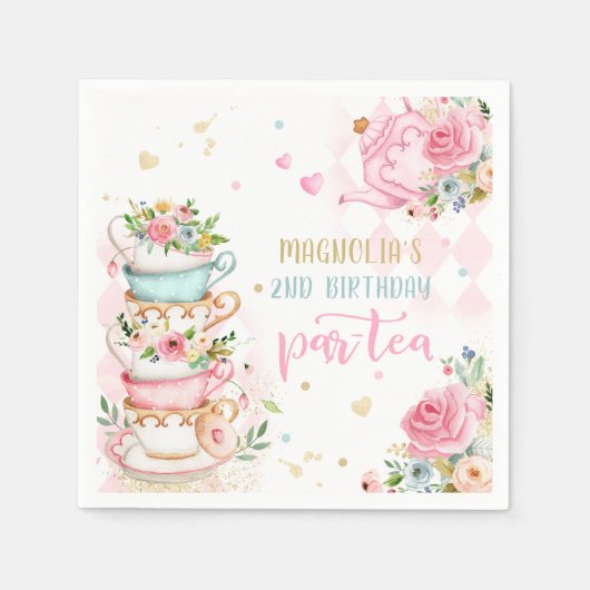 Serviette En Papier Tea Party Anniversaire Fille Rose & Or Floral Par  (Devant)