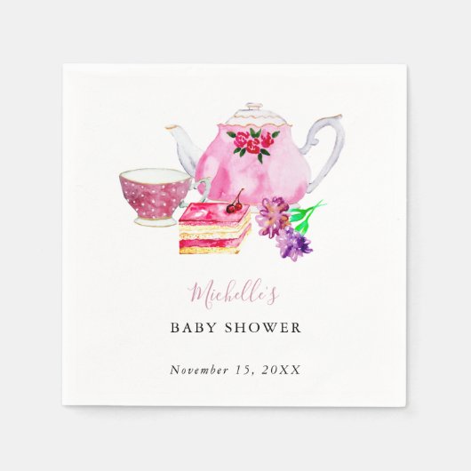 Serviette En Papier Tea Party baby shower Dusty Rose Teapot (Devant)