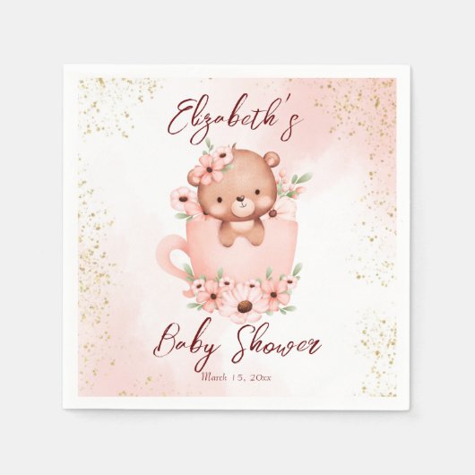 Serviette En Papier Tea party baby shower rose en peluche dans une tas (Devant)