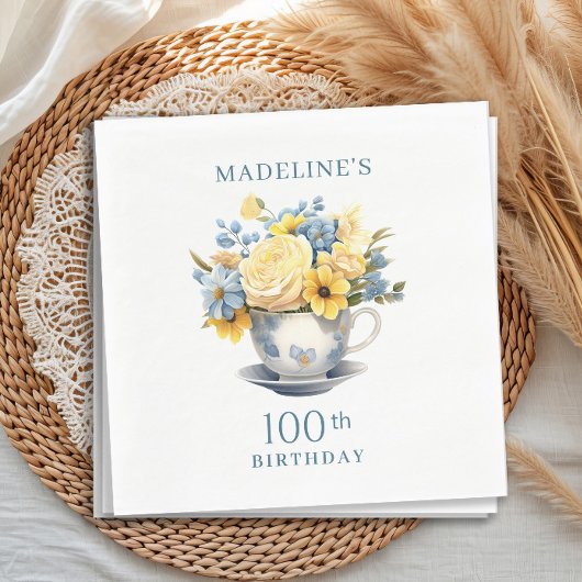 Serviette En Papier Teacup Fleurs Bleues Jaunes 100e anniversaire
