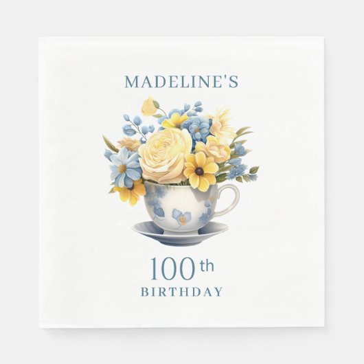 Serviette En Papier Teacup Fleurs Bleues Jaunes 100e anniversaire (Devant)