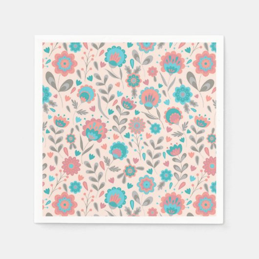 Serviette En Papier Teal & Coral Folk Art Floral Pattern (Devant)