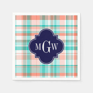 Serviette En Papier Teal Coral White Preppy Madras