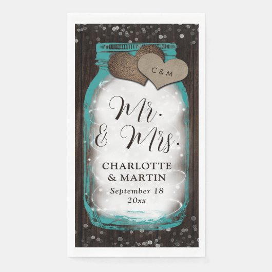 Serviette En Papier Teal Mason Jar Wood Rustic Wedding (Devant)