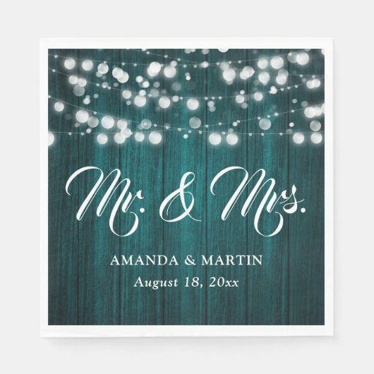 Serviette En Papier Teal Rustic Wood String Lights Mr and Mrs Wedding (Devant)