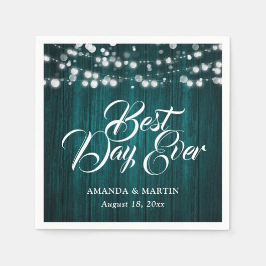Serviette En Papier Teal Wood String Lights Rustic Wedding (Devant)