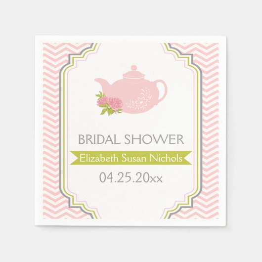 Serviette En Papier Teapot de fête, chevron rose, mariage vert (Devant)