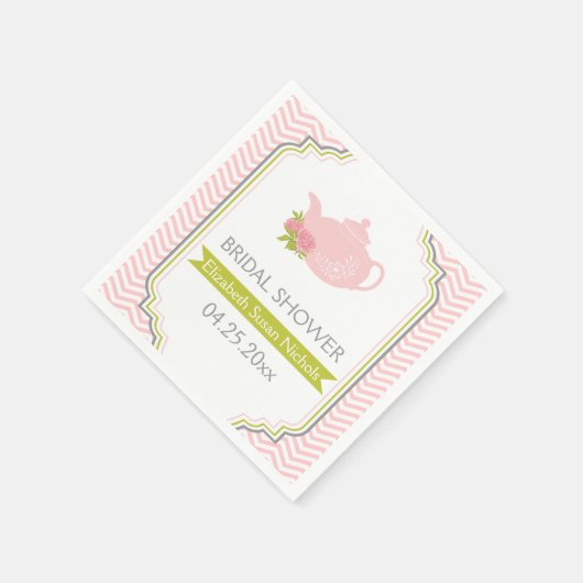 Serviette En Papier Teapot de fête, chevron rose, mariage vert (Coin)