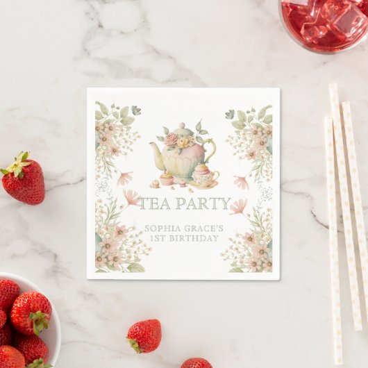 Serviette En Papier Teapot & tasses de thé Whimsical Fleurs sauvages A (En situation)