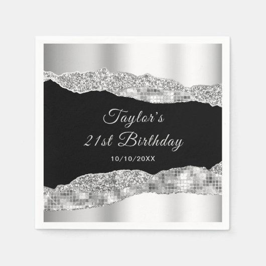 Serviette En Papier Tears de Glam noir et d'argent Fête d'anniversaire (Devant)
