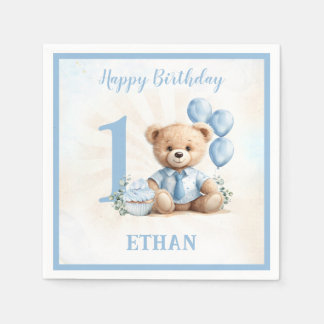 Serviette En Papier Teddy Bear Anniversaire Garçon Bleu Beige Papier N