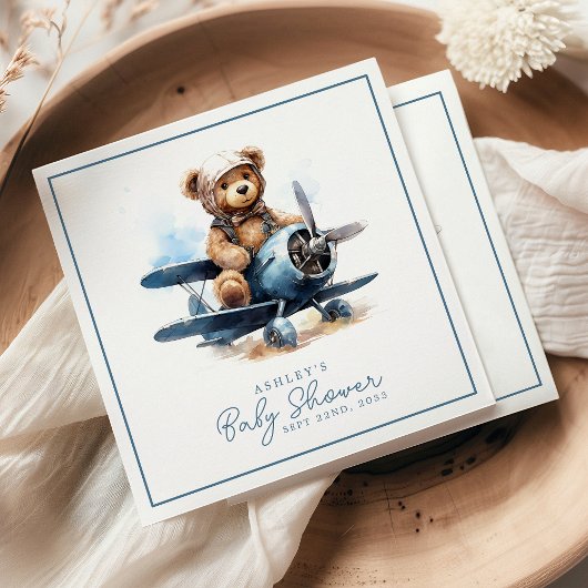Serviette En Papier Teddy Bear Avion Aquarelle Baby shower garçon
