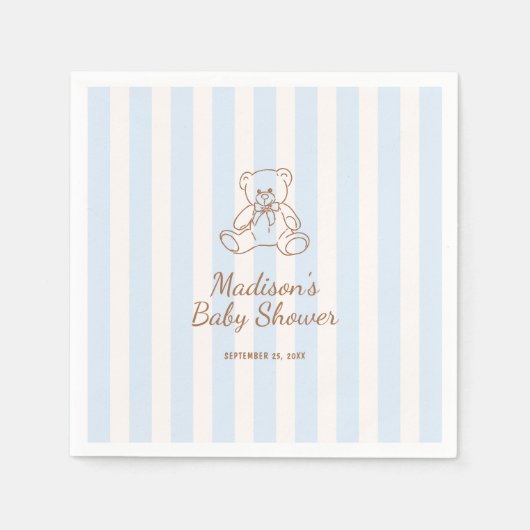 Serviette En Papier Teddy Bear Blue Stripes Baby Shower (Devant)