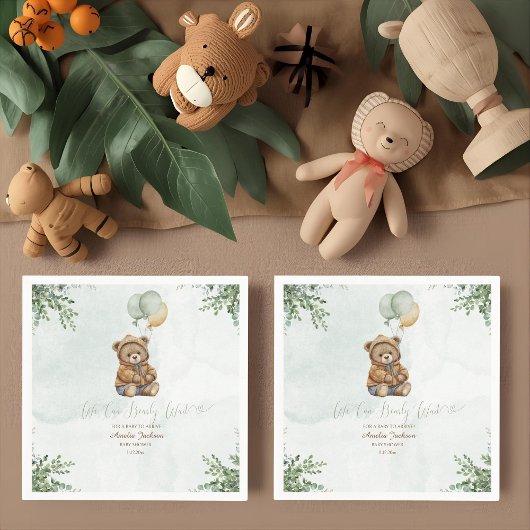 Serviette En Papier Teddy Bear Brown Sage Green Balloons Baby