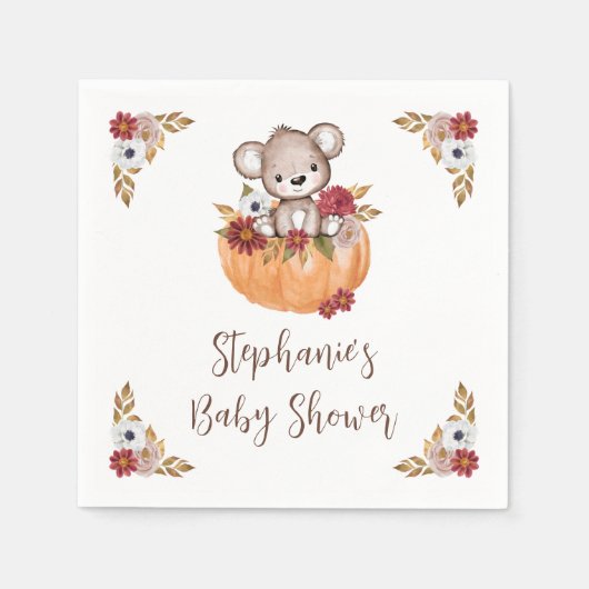 Serviette En Papier Teddy Bear Citrouille Fall Floral Baby shower (Devant)