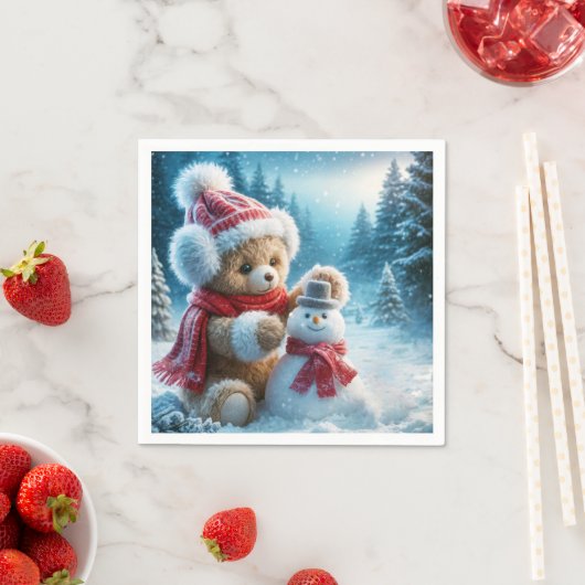 Serviette En Papier Teddy Bear Construire un Snowman (En situation)